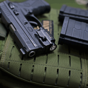 A hanbdgun laying near a clip on a tactical vest after a concealed carry course provided by Guardian. 